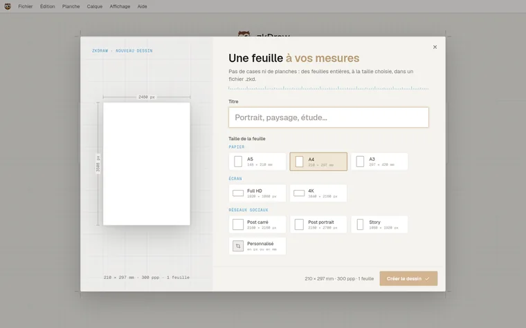 La fenêtre Nouveau dessin : papier, écran ou réseaux sociaux